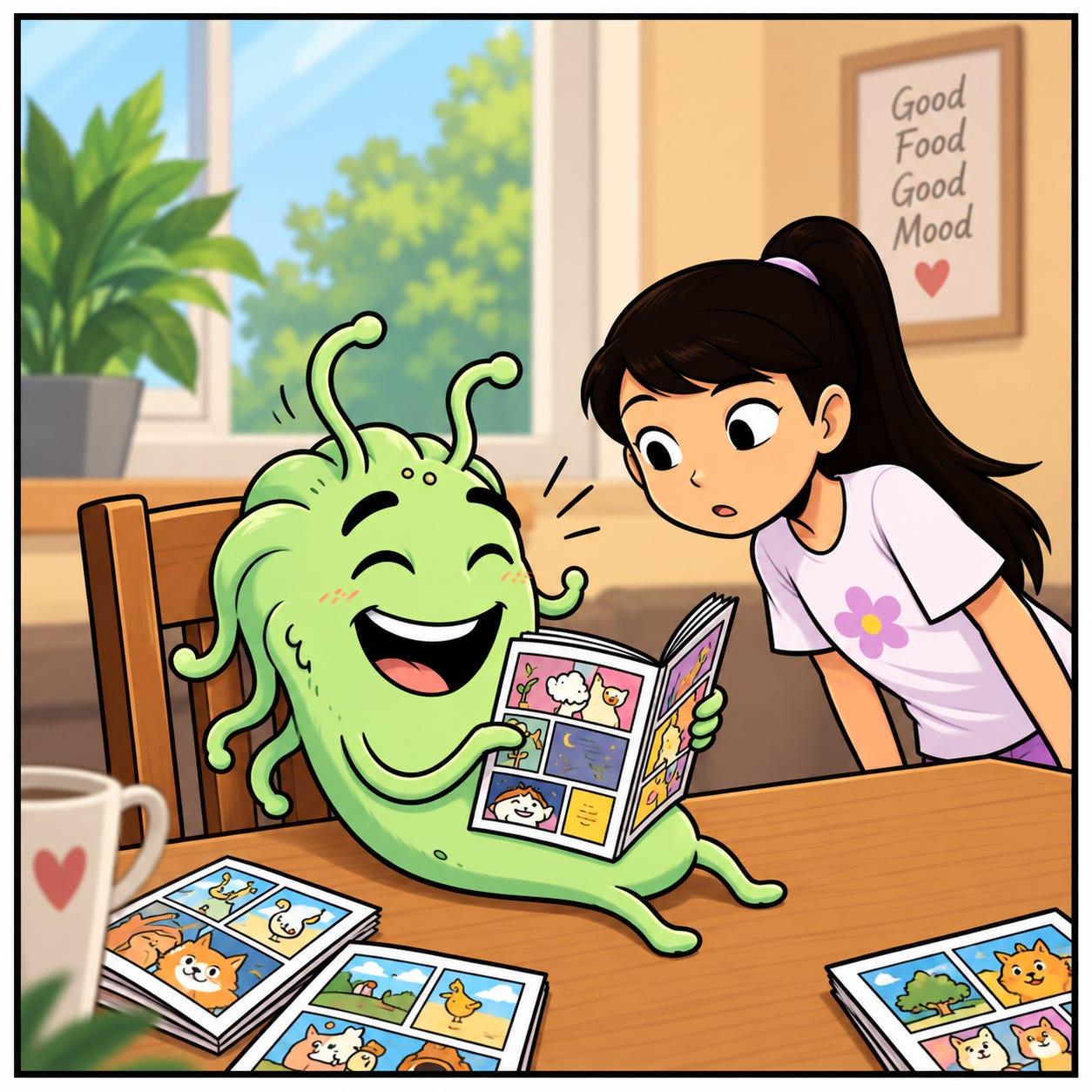 Omie laughs while reading a comic book.