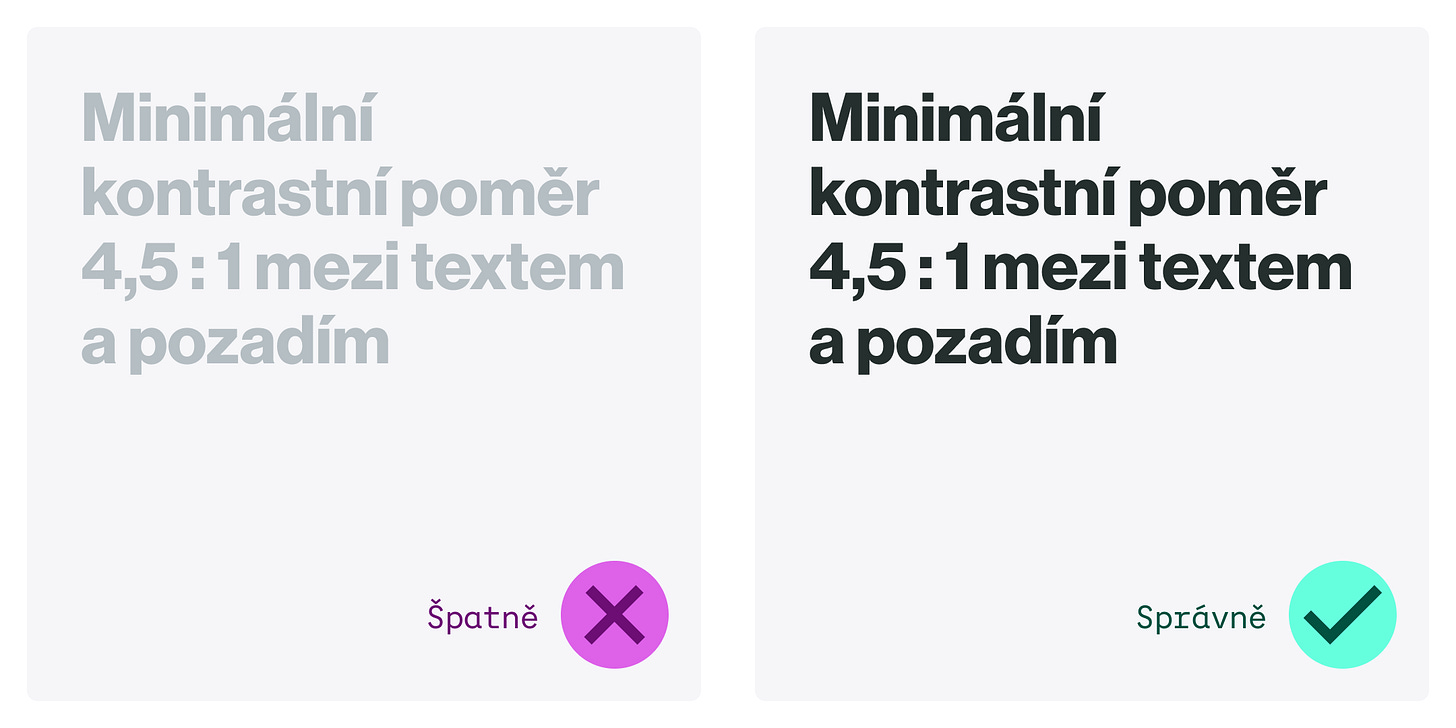 Vlevo (špatně) text s nízkým kontrastem. Vpravo (správně) text s dostatečným kontrastem.