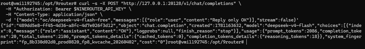 Successful local chat completion test through 9Router. Successful local chat completion test through 9Router.