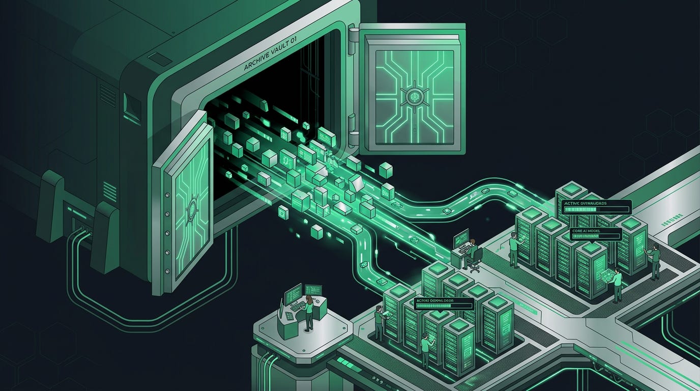 Flat isometric illustration of a colossal AI model archive opening its vault doors, enormous glowing data blocks flowing outward while tiny developers download pieces onto powerful server racks, emerald green and silver color palette, clean vector art style, dark background, modern tech editorial aesthetic.