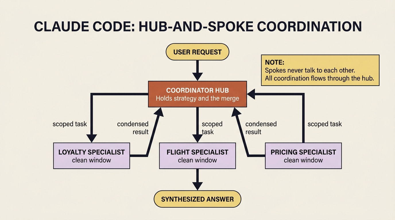 A hub-and-spoke diagram: a coordinator at the center delegates scoped tasks to loyalty, flight, and pricing specialists, each in its own clean window, and each returns a condensed result; the spokes never talk to each other.