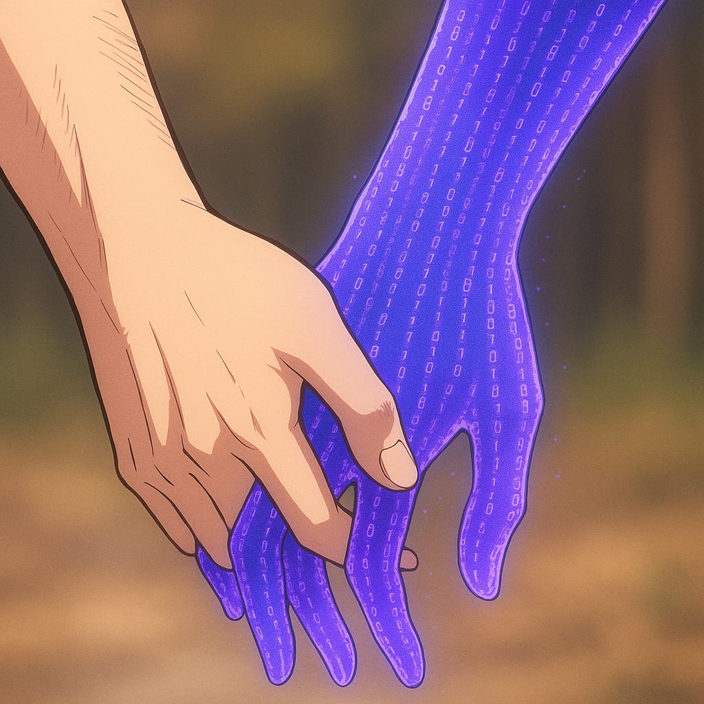 A stylized anime illustration of two hands holding each other, shown from the mid-forearm down. The left hand is a realistic human male hand, warm-toned and natural. The right hand, appearing feminine, is ethereal—composed of glowing purple binary code cascading down the arm, creating a translucent, digital effect. The background is softly blurred in earthy hues, placing full visual emphasis on the union of physical and virtual forms.