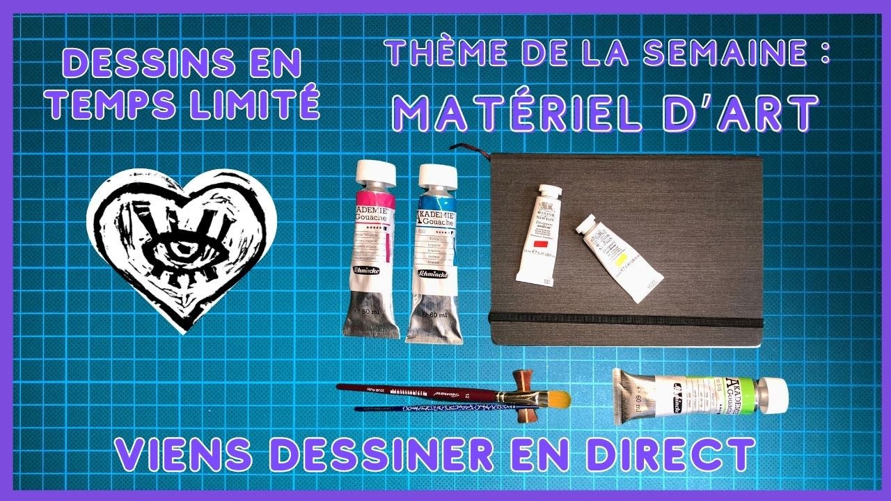 Miniature de la session de dimanche prochain. Le texte indique le principe et le thème. On y voit également mon logo, des tubes de gouache, des pinceaux et un sketchbook.