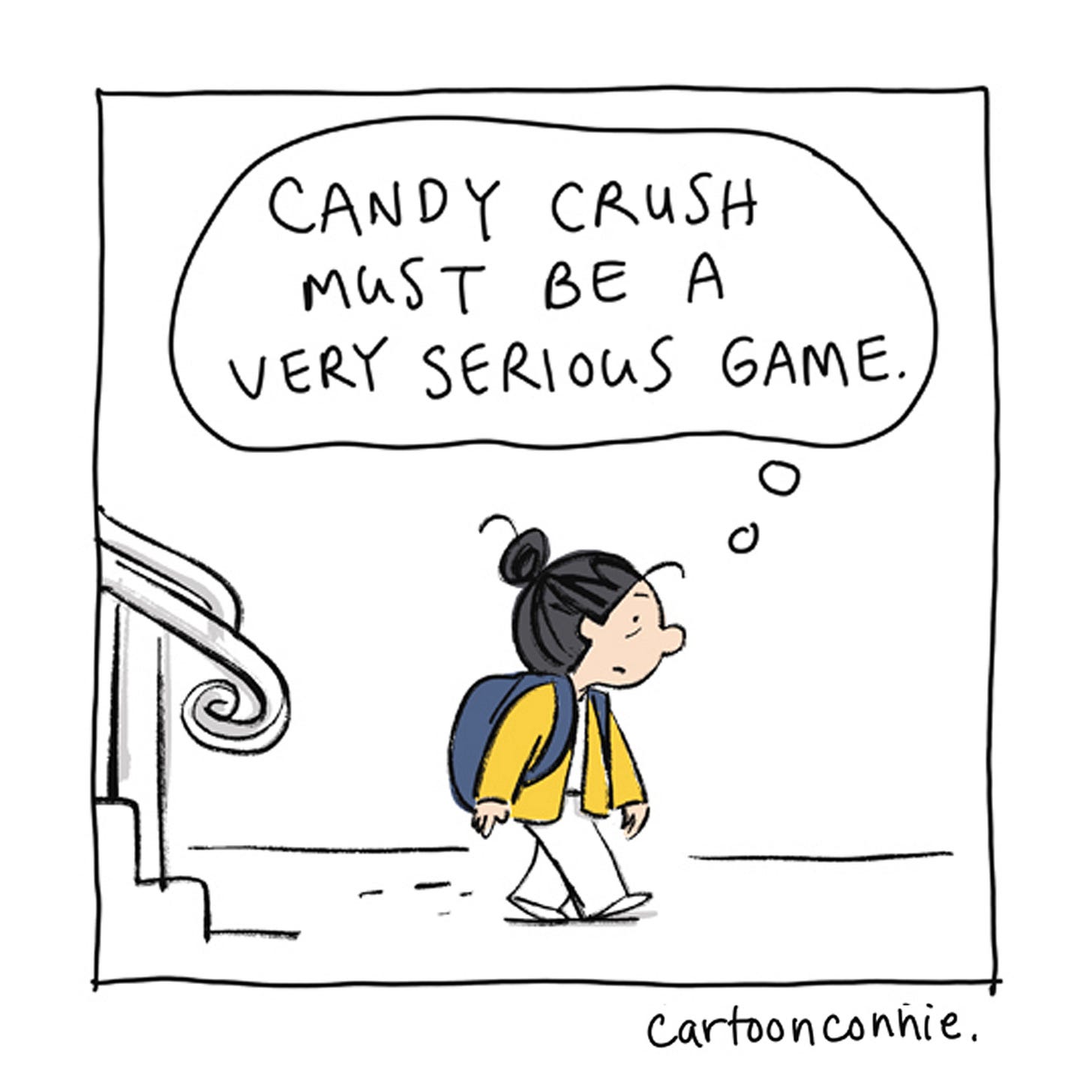 Panel 6/6 of a humorous comic strip illustrating a girl with a bun, riding the New York City subway and observing a man in a suit, intensely playing a game on his phone. Titled "A Very Serious Man," 2026, by Connie Sun, cartoonconnie.