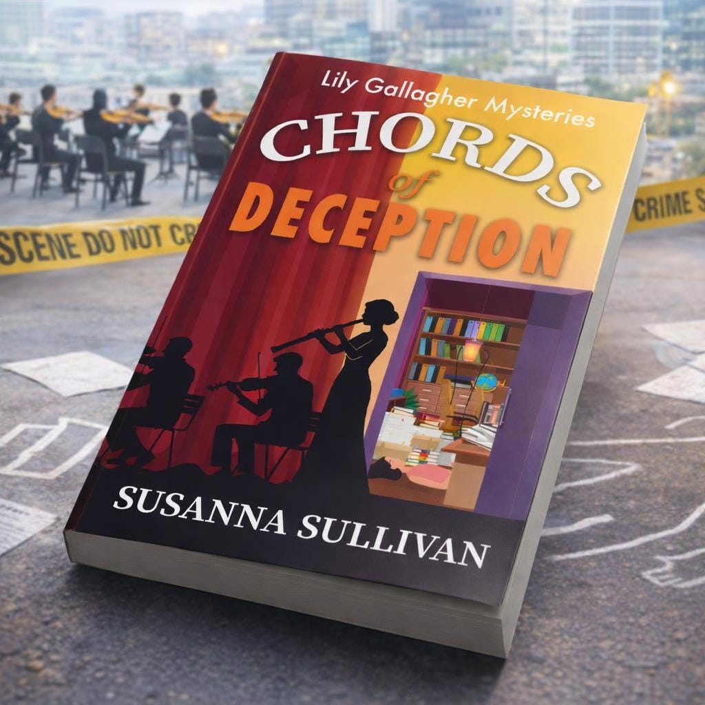image of Chords of Deception on a stage with crime scene tape and an orchestra image of Chords of Deception on a stage with crime scene tape and an orchestra