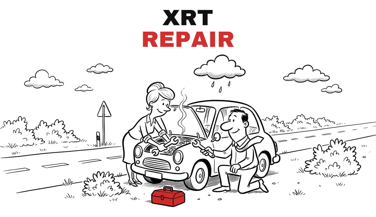 Trade Repair XRT, Repair. Hand-drawn cartoon: the two of them repair a small car at the roadside under a rain cloud, a toolbox beside it. Trade Repair XRT, Repair. Hand-drawn cartoon: the two of them repair a small car at the roadside under a rain cloud, a toolbox beside it.