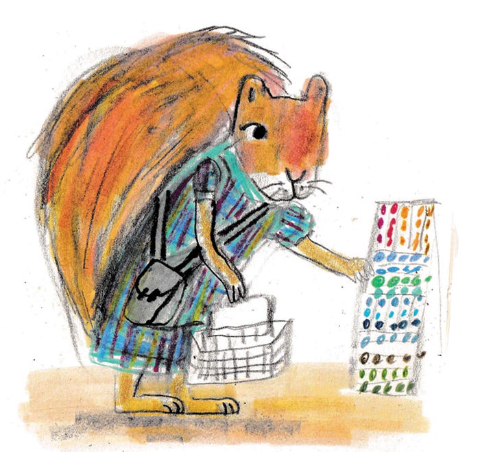 squirrel buying art supplies illustration by Beth Spencer squirrel buying art supplies illustration by Beth Spencer