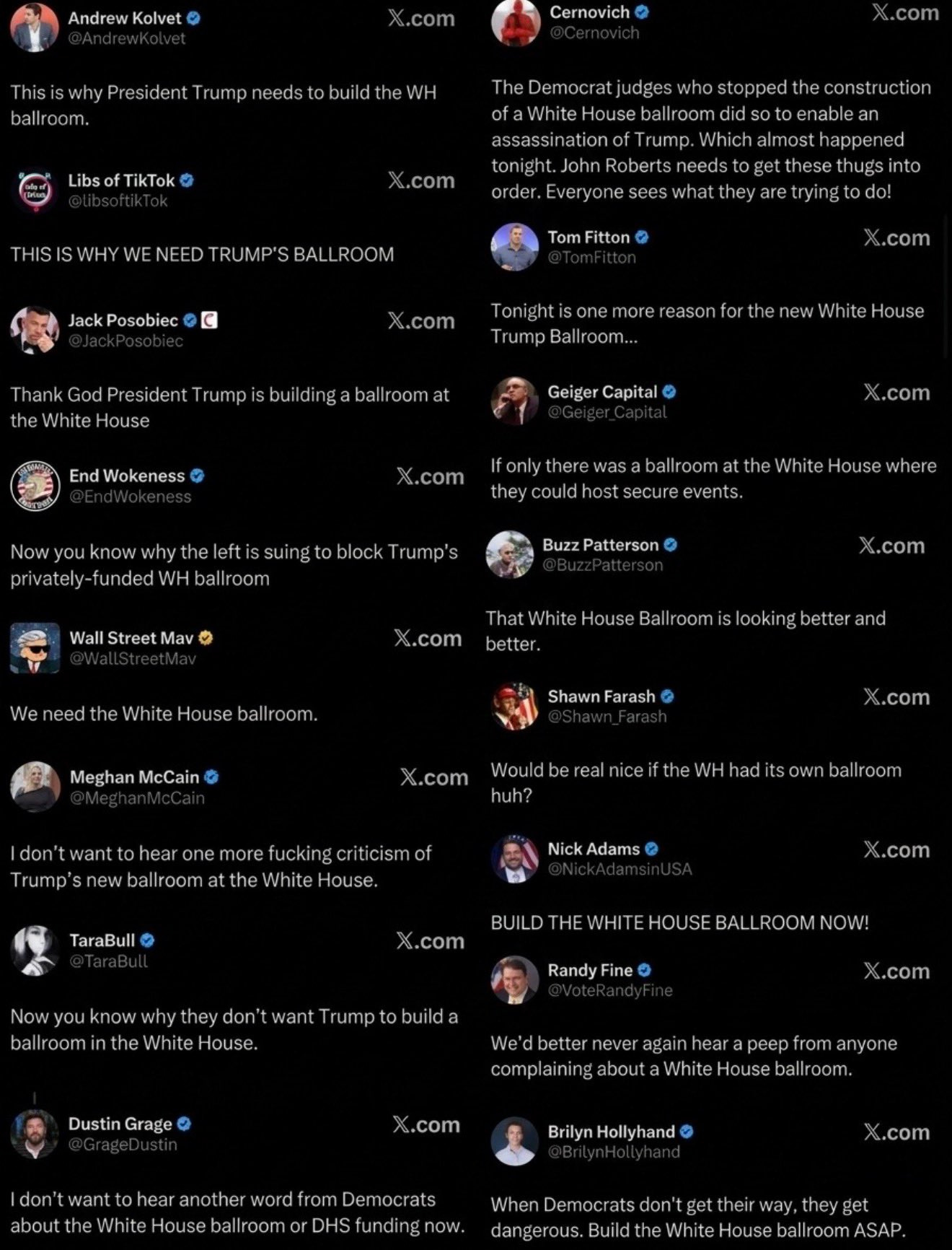 MAGA world accounts all tweet to fund Trump's ballsroom within minutes of each other.