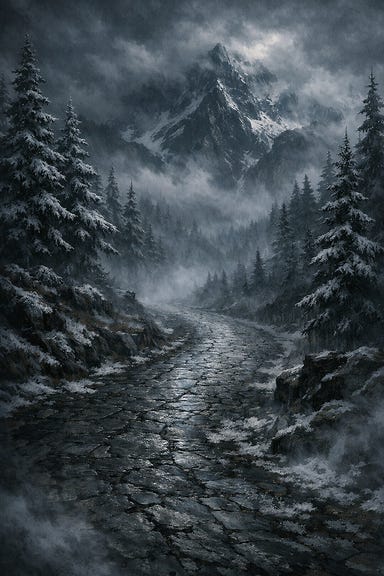 Old Svalich Road winding toward Mount Ghakis under heavy mist, cracked stones glistening, looming mountain half‑hidden by storm clouds, frost‑laden pines crowding the roadside, eerie Barovian stillness