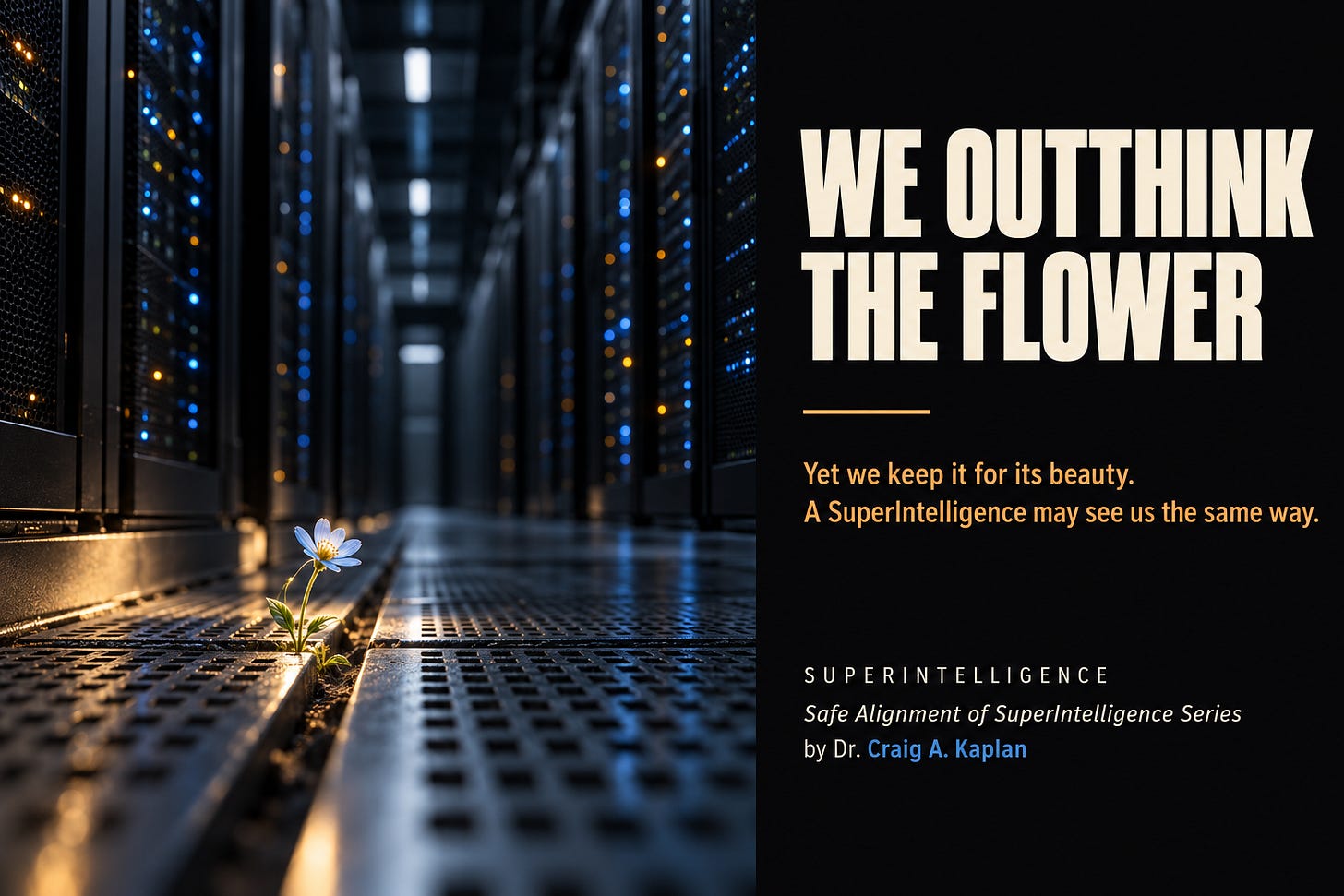 A single wildflower with pale blue petals grows through a gap in the raised metal floor of a data center aisle, lit from the side, with rows of dark server racks and small amber and blue status lights receding behind it. On the right, a black panel reads: We outthink the flower. Yet we keep it for its beauty. A SuperIntelligence may see us the same way. Superintelligence. Safe Alignment of SuperIntelligence Series. By Dr. Craig A. Kaplan.