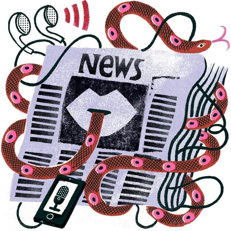 This may contain: the news paper is surrounded by snakes and cell phones