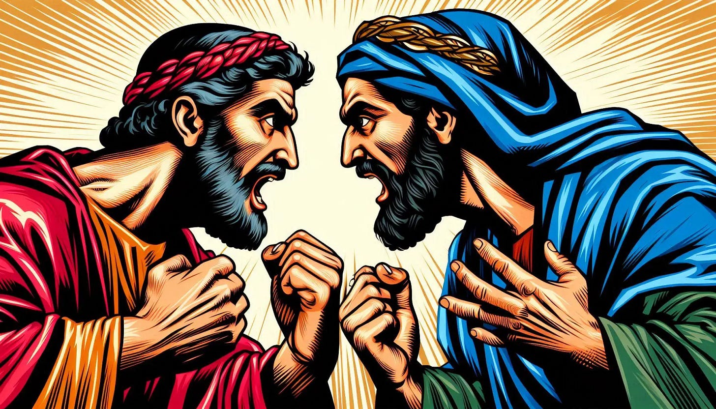 a christian and a jew in the second century of the roman empire are having a serious disagreement, angry comic book art
