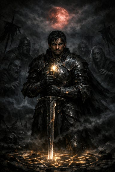 Fleetwood’s vision within the Mists — the brooding knight standing upon a darker, desolate battlefield drowned in thick Barovian fog. His cracked armor bleeds faint inner light, storm‑steel eyes reflecting guilt and defiance. Around him rise spectral soldiers he failed, their hollow eyes fixed on him, their whispers carried by the wind. Above, a dim crimson moon struggles through the choking gloom. The ground is broken, banners tattered, shadows deepened to near‑black as the Mists coil tighter. Fleetwood grips his fractured sword, unyielding — the moment he accepts his sins yet refuses to bow.