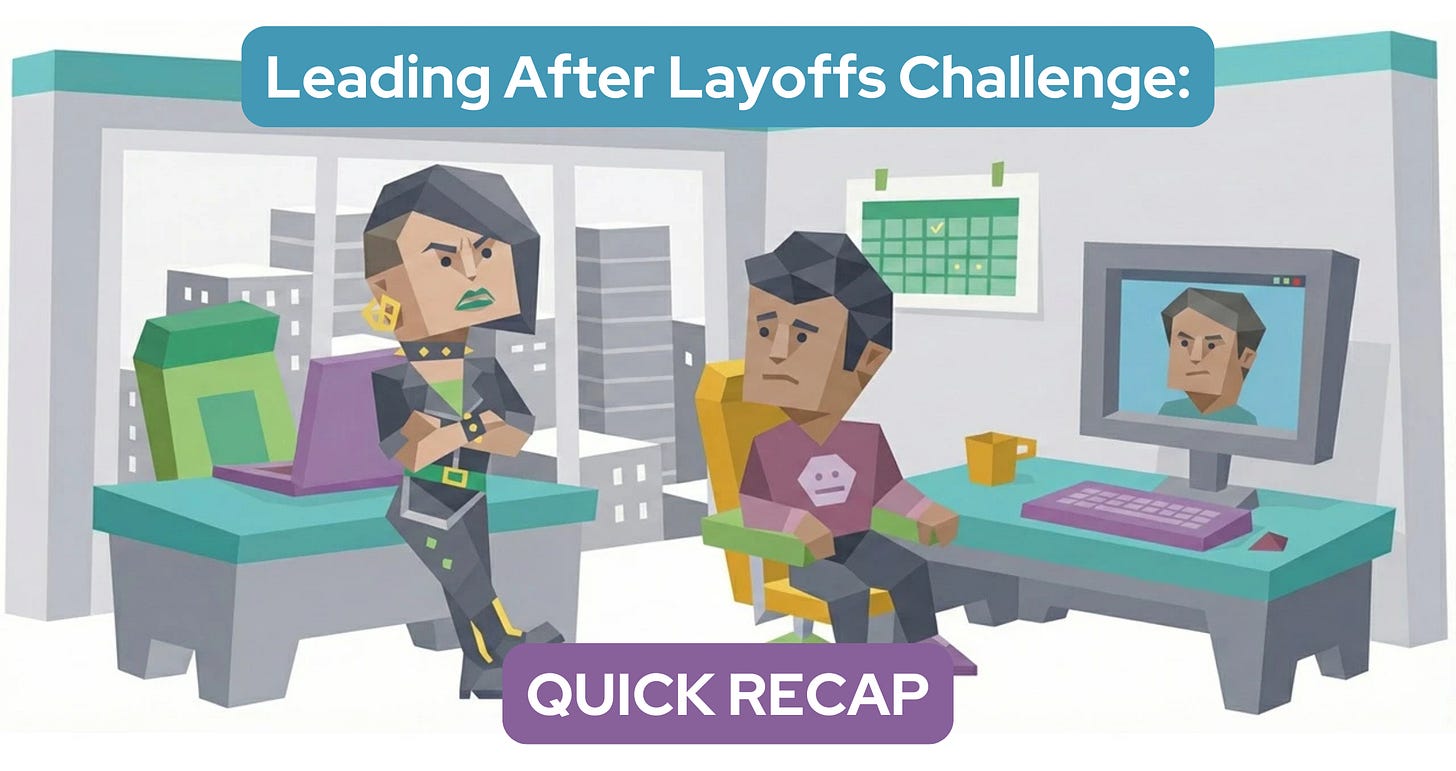 A tense office scene shows a concerned manager sitting at a desk during a video call with a remote colleague, while another employee stands nearby with arms crossed and a frustrated expression. Text reads: Leading After Layoffs Challenge: Quick Recap A tense office scene shows a concerned manager sitting at a desk during a video call with a remote colleague, while another employee stands nearby with arms crossed and a frustrated expression. Text reads: Leading After Layoffs Challenge: Quick Recap