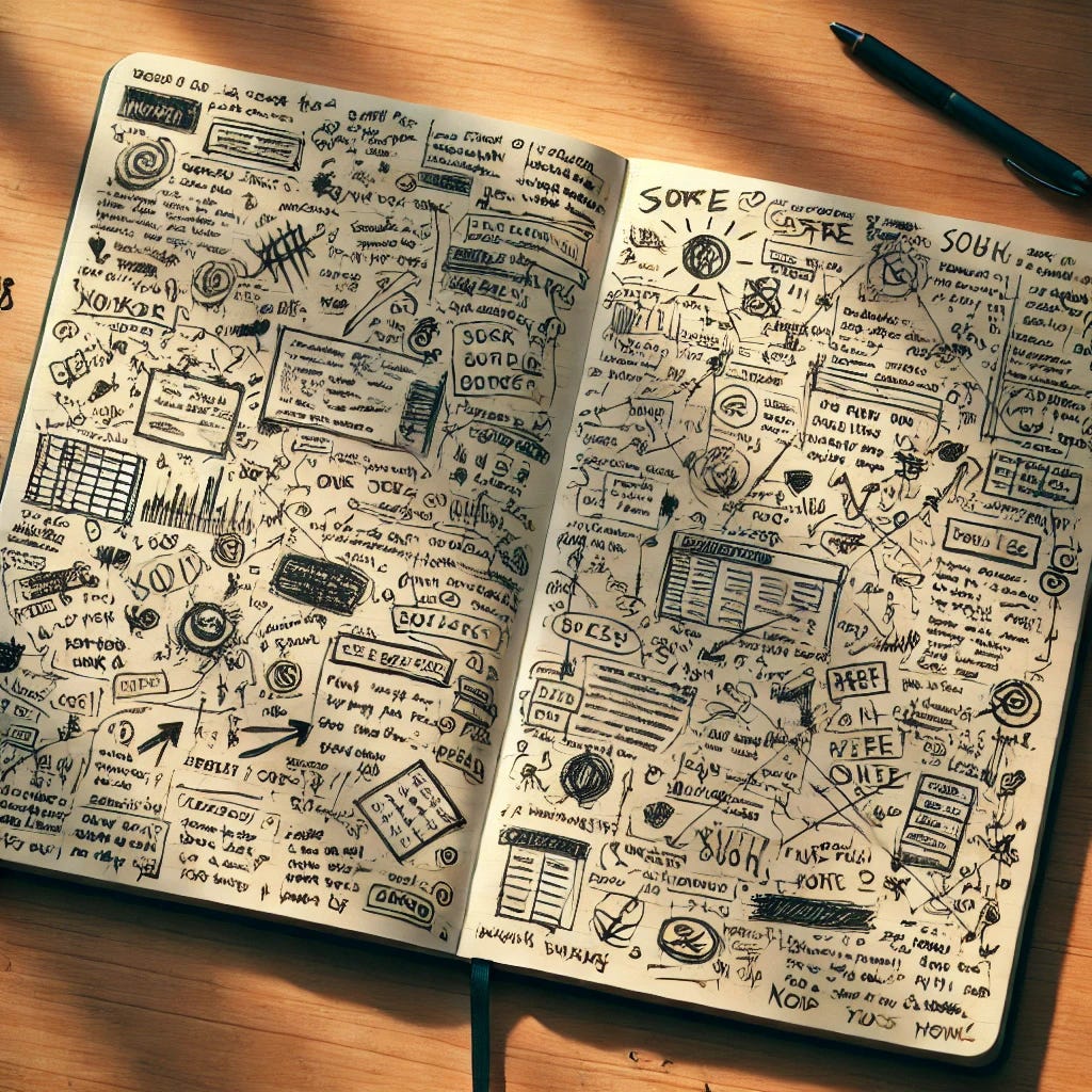 An open notebook lying on a wooden desk filled with rough, unorganized notes and sketches. The handwriting is messy and spontaneous, with crossed-out words, arrows, and scattered thoughts. Soft natural light pours in, creating a casual, creative atmosphere.