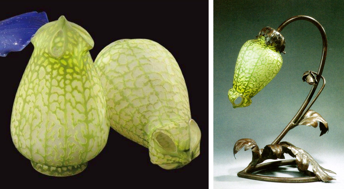 Left, a pair of Cylène tulips, 20 cm, Mk I signed, Aguttes 2014-10-08, lot 84 ; right, a Cylène desk lamp, Duncan and de Bartha 2013, pl. 3.19, p. 34.