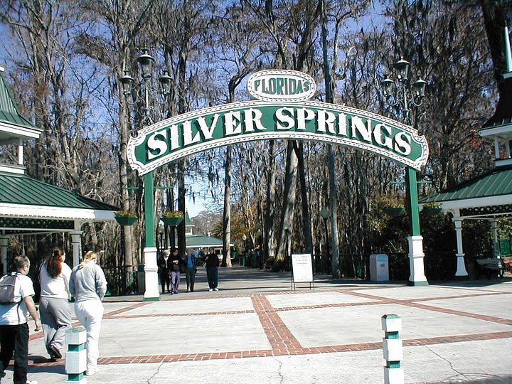 The Silver River from within the park. By Ebyabe CC BY 2.5 commons.wikimedia Public Domain | The Silver Springs glass-bottom boats at the headspring area in 2017 Jackdude101 CC BY-SA 4.0 commons.wikimedia.org Public Domain | Entrance gate for Silver Springs in Ocala Florida, NeilEvans Public Domain commons.wikimedia.org | Silver Springs State Park P. Hughes, CC BY-SA 4.0 creativecommons.org Wikimedia Commons