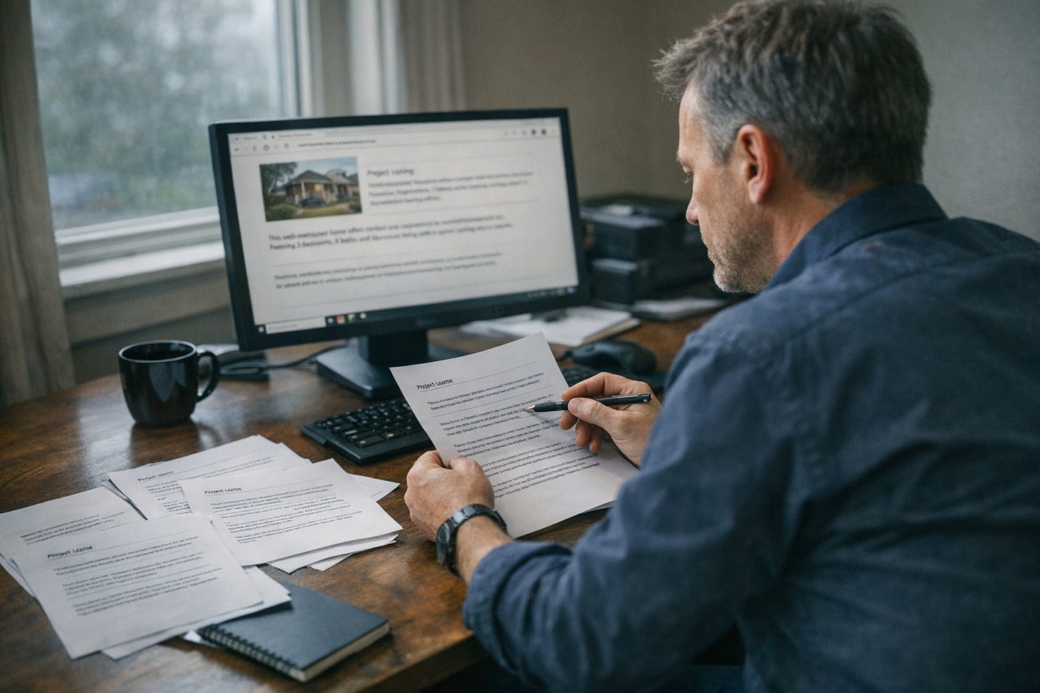 Real estate agent reviewing multiple similar listing descriptions on a desk and computer in a quiet office setting.