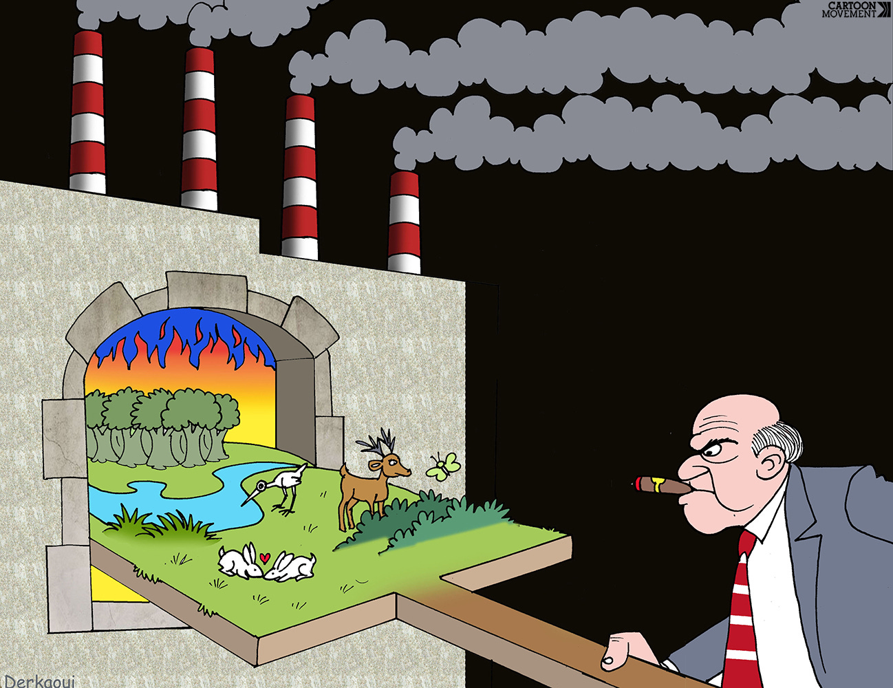An industrialist smokes a cigar, while using a large pizza spatula to shove a piece of nature with wildlife into a blazing oven with smoke stacks on top.