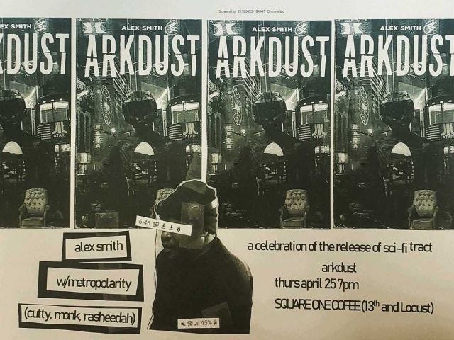 A cut and paste collage of the cover of Arkdust, an image of Alex, and details for the event A cut and paste collage of the cover of Arkdust, an image of Alex, and details for the event