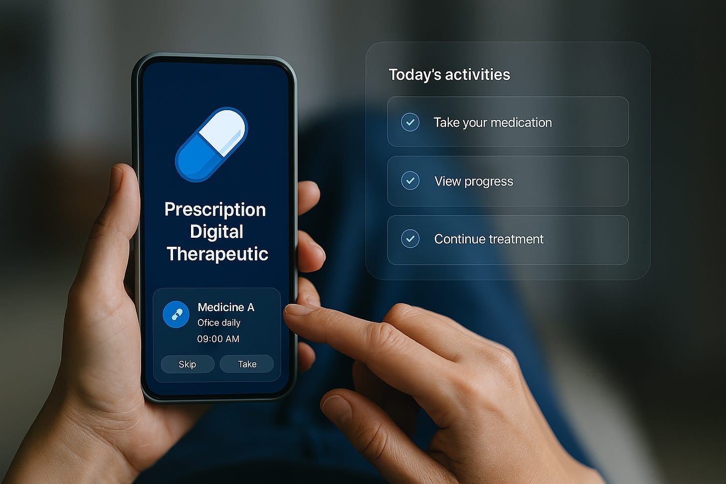 A person using a prescription digital therapeutic mobile app showing medication schedule and treatment progress. Represents Software as a Medical Device (SaMD) in healthcare innovation.