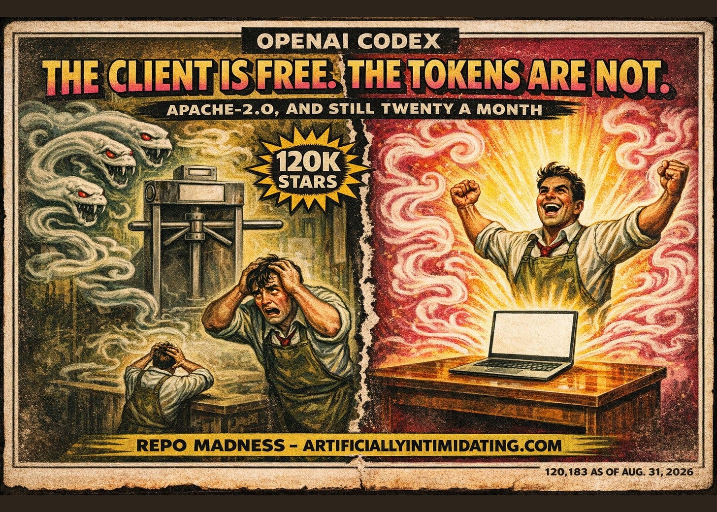 Two-panel poster. Left: a man clutches his head at a coin-slot turnstile as smoke serpents coil above. Right: he cheers over an open laptop with a blank screen. Lettering: OPENAI CODEX, THE CLIENT IS FREE. THE TOKENS ARE NOT., 120K STARS. Two-panel poster. Left: a man clutches his head at a coin-slot turnstile as smoke serpents coil above. Right: he cheers over an open laptop with a blank screen. Lettering: OPENAI CODEX, THE CLIENT IS FREE. THE TOKENS ARE NOT., 120K STARS.