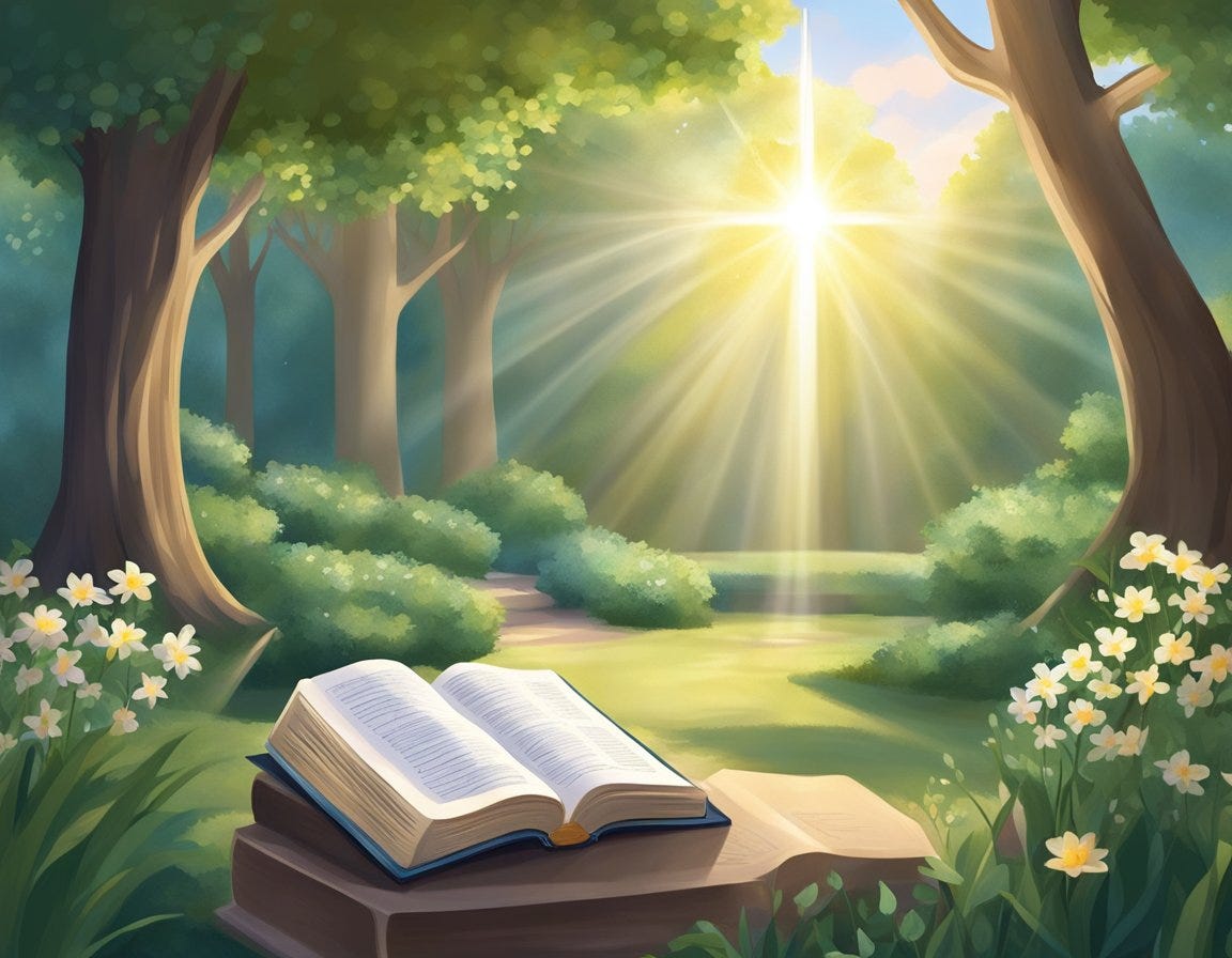 A serene garden with a Bible, a prayer journal, and a cross. Rays of sunlight filter through the trees, creating a peaceful and contemplative atmosphere
