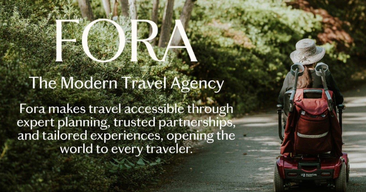 Banner ad for Fora showing a person in a sun hat riding a red mobility scooter down a tree-lined path, with text reading: "FORA — The Modern Travel Agency. Fora makes travel accessible through expert planning, trusted partnerships, and tailored experiences, opening the world to every traveler."