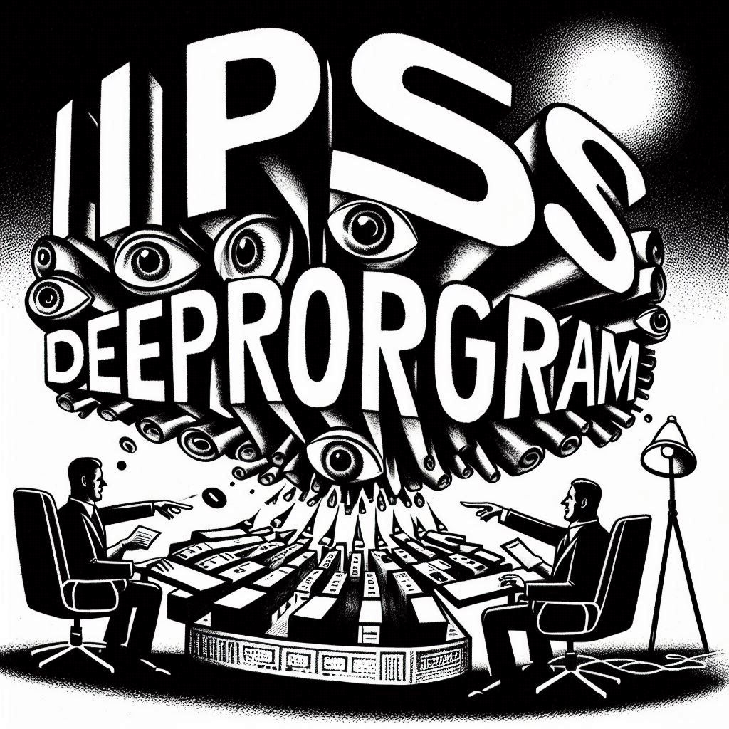   "IPS DEPROGRAM", block letters, BLACK ON WHITE, BOLD THICK LINES, surreal