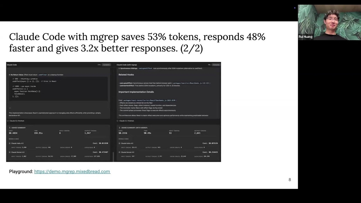Side-by-side comparison of Claude with grep vs. mgrep Side-by-side comparison of Claude with grep vs. mgrep