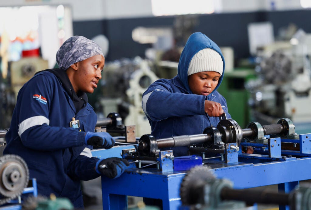 Workers at the Steel and Engineering Industries Federation of Southern Africa (SEIFSA) at the company's facility in Benoni, east of Johannesburg, South Africa, on 29 July 2025.