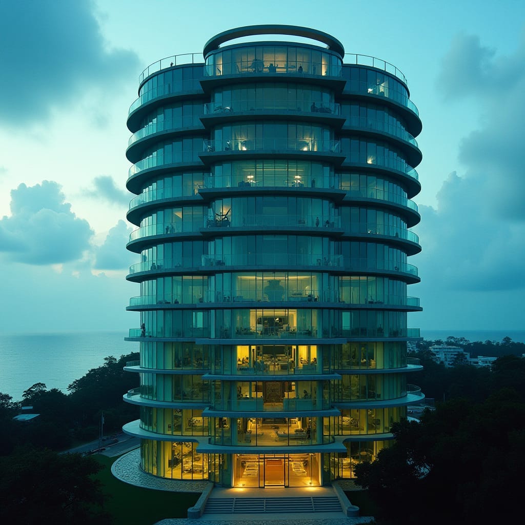 modern round glass 10 story commerical tower in jamaica, with protuding windows and platforms, caribbean