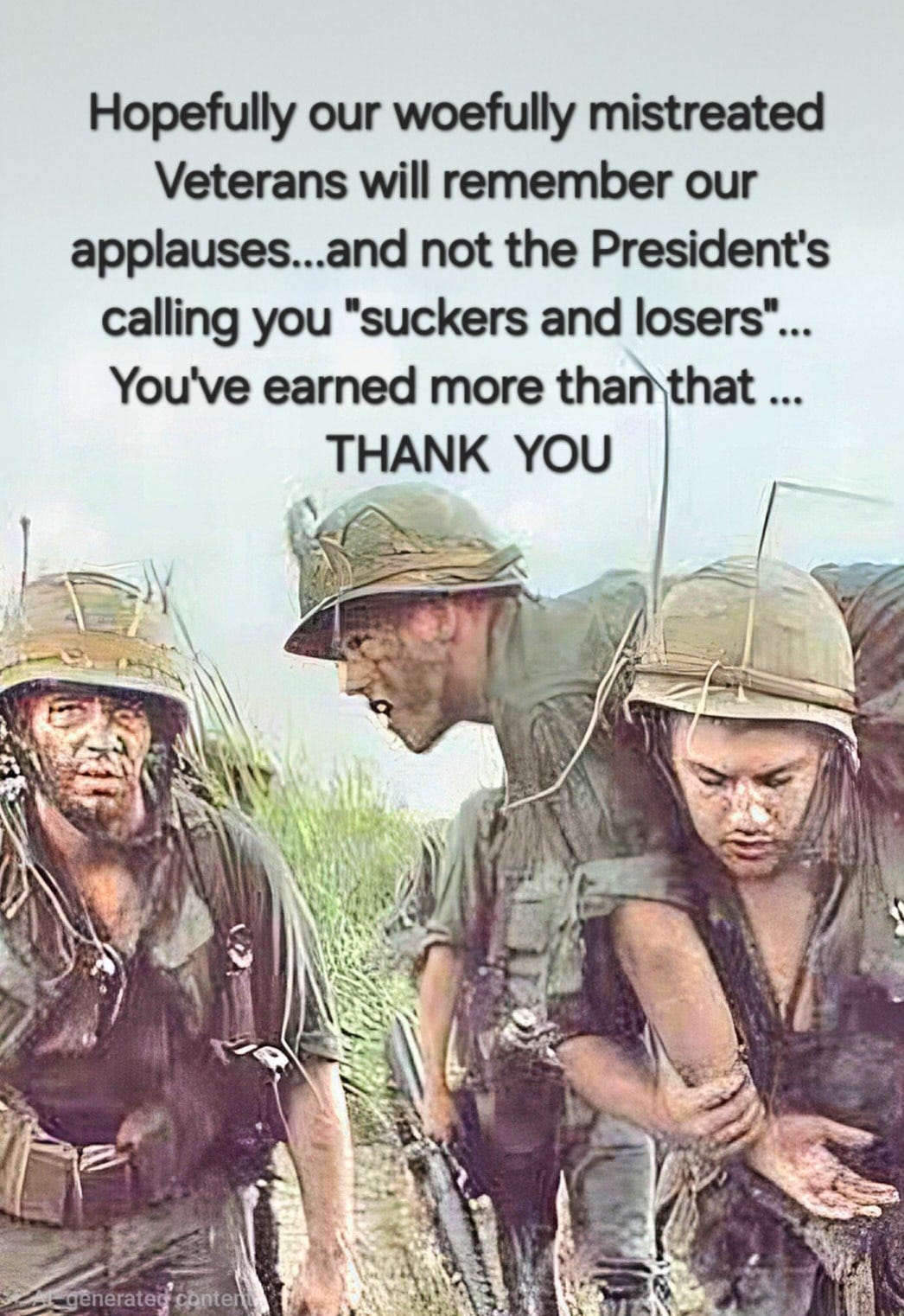 May be an image of text that says 'Hopefully our woefully mistreated Veterans will remember our applauses. .and not the President's calling you "suckers and losers"... You've earned more than that... THANK YOU generatec generatec.conte contena'