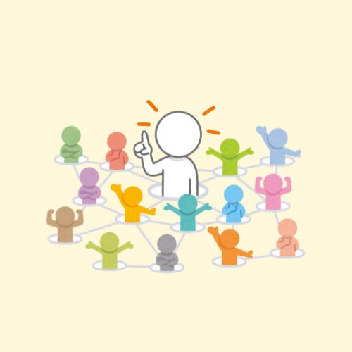 15 human figures in different colours all sat next to eachother, connected by lines