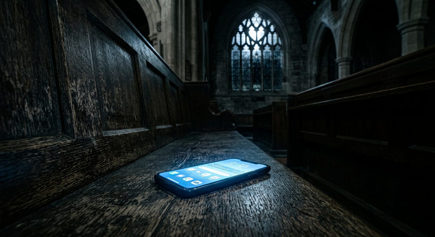 A smartphone lies on a dark wooden church pew, its glowing blue screen casting a sharp light against the ancient wood in a dimly lit, shadowy sanctuary.