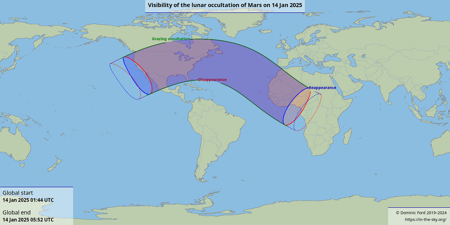 Map showing where the occultation is visible