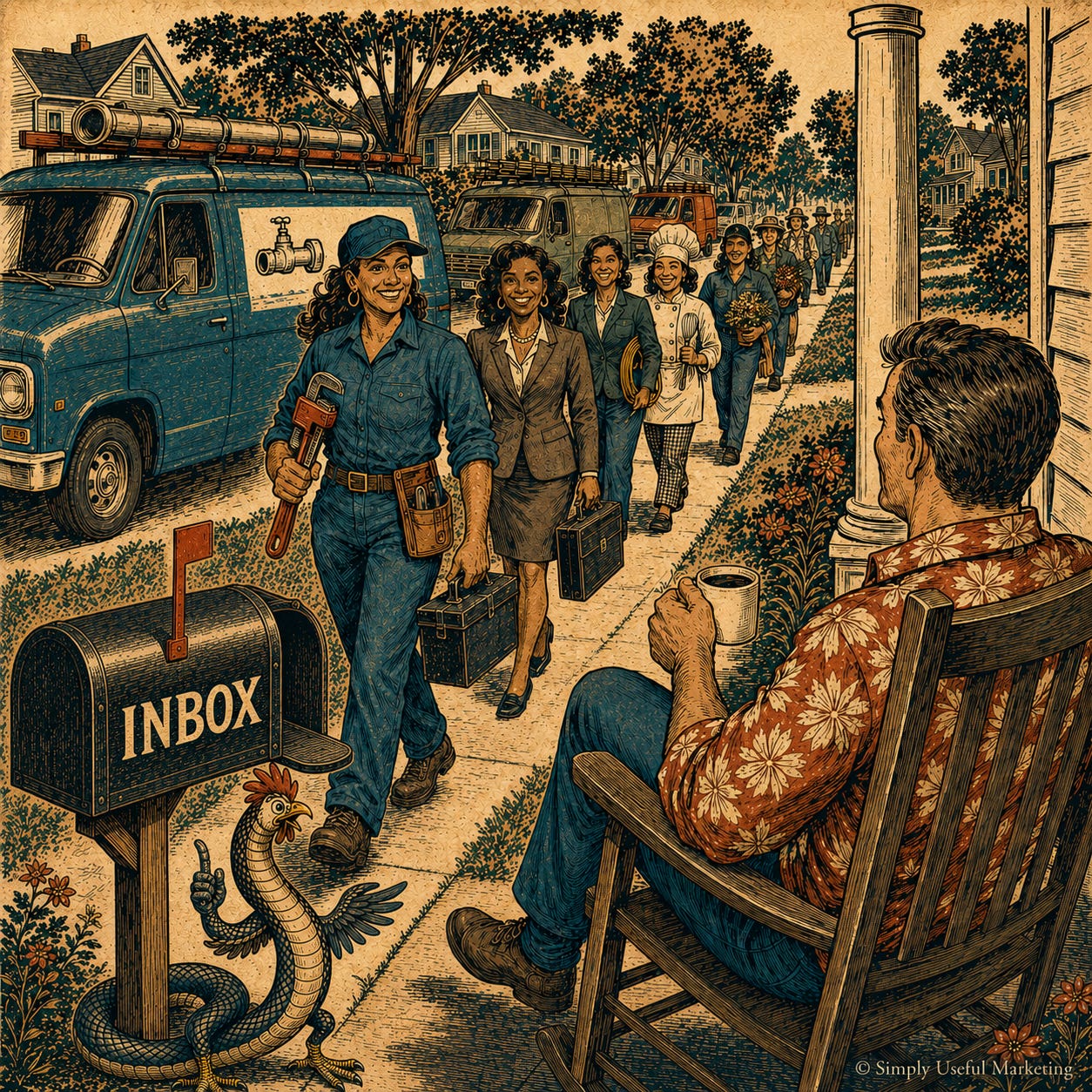Vintage-style illustration of a man in a Hawaiian shirt relaxing in a rocking chair on his porch as a line of women representing local businesses — including a plumber, business professional, chef, electrician, and landscaper — walks toward him. Work vans line the street, an “INBOX” mailbox sits beside the sidewalk, and a small Cobra Chicken stands nearby. Vintage-style illustration of a man in a Hawaiian shirt relaxing in a rocking chair on his porch as a line of women representing local businesses — including a plumber, business professional, chef, electrician, and landscaper — walks toward him. Work vans line the street, an “INBOX” mailbox sits beside the sidewalk, and a small Cobra Chicken stands nearby.