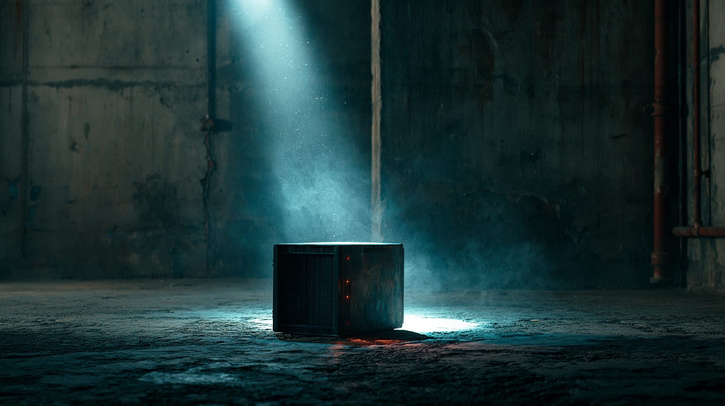 Inert AI model concept — dormant server in empty room representing untapped technology value before harness engineering.