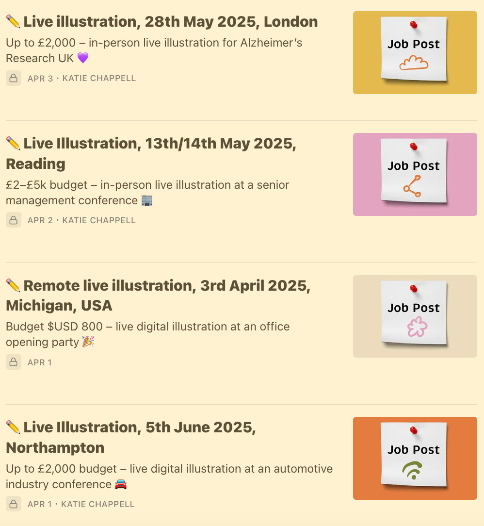 Screenshot showing four live illustration job posts from the Illustrator Jobs Board.  28th May 2025, London – Up to £2,000 for in-person live illustration for Alzheimer’s Research UK.  13th/14th May 2025, Reading – £2–£5k budget for in-person live illustration at a senior management conference.  3rd April 2025, Michigan, USA – $800 budget for remote digital illustration at an office opening party.  5th June 2025, Northampton – Up to £2,000 budget for live digital illustration at an automotive industry conference.  Each post is labelled “Job Post” with colourful sticky-note style icons.