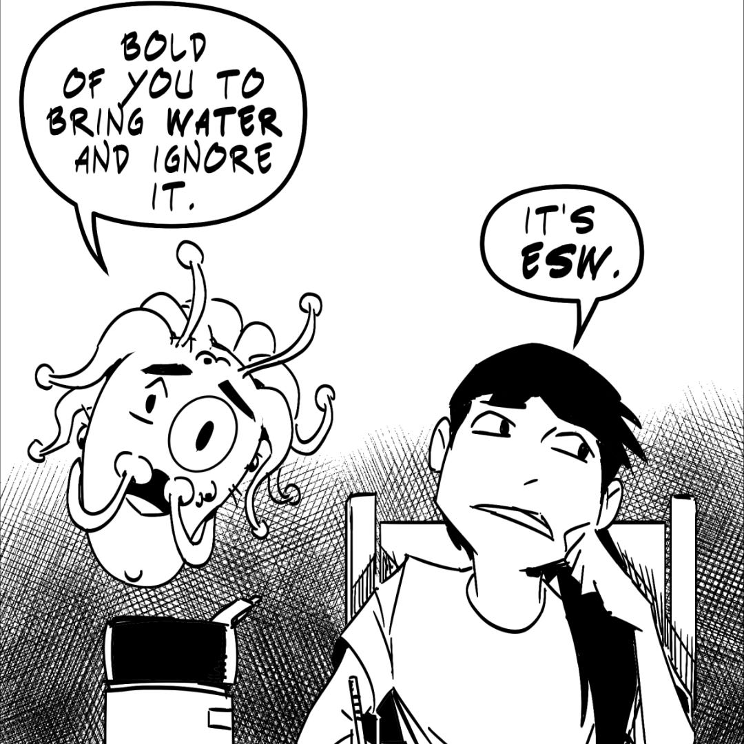 A forgotten water bottle on the desk as Omie prepares to explain something important.