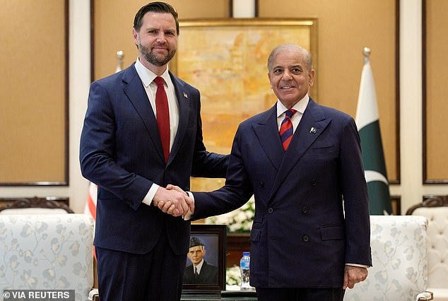 Vice President JD Vance and Pakistan's Prime Minister Shehbaz Sharif pose on the day of a meeting for talks about Iran, in Islamabad, Pakistan