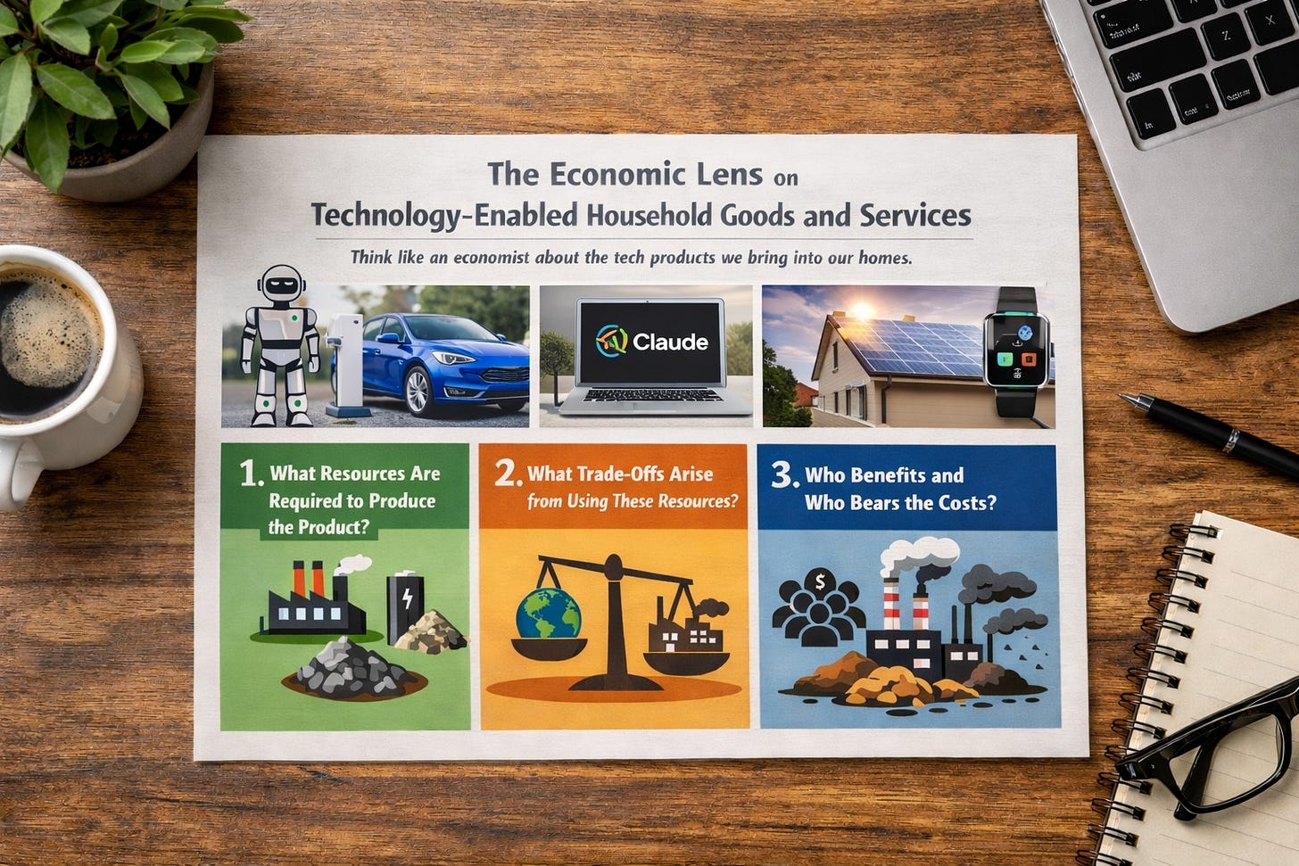 Illustration of resource extraction, trade-off scales, and industrial production behind technology-enabled household goods.