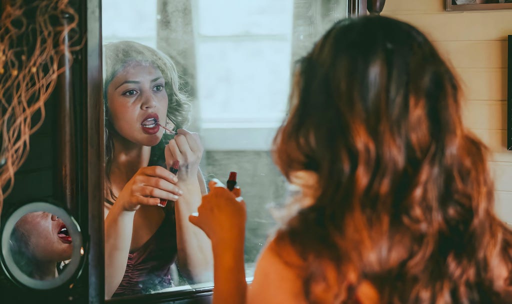 शीशे के सामने लिपस्टिक लगाती हुई एक महिला शीशे के सामने लिपस्टिक लगाती हुई एक महिला
