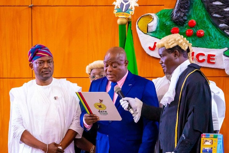 Mudashiru Obasa takes the oath of office after he emerged as Speaker of the 10th Lagos House of Assembly on June 6, 2023. Credit: Babajide Sanwo-Olu/Twitter Mudashiru Obasa takes the oath of office after he emerged as Speaker of the 10th Lagos House of Assembly on June 6, 2023. Credit: Babajide Sanwo-Olu/Twitter