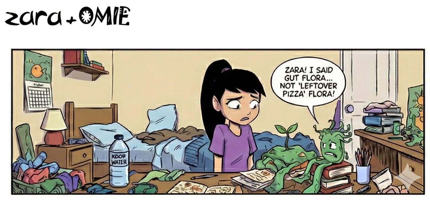 Zara looks guilty in her messy bedroom while Omie pops up from a pile of clothes, scolding her: “Zara! I said gut flora… not ‘leftover pizza’ flora!”