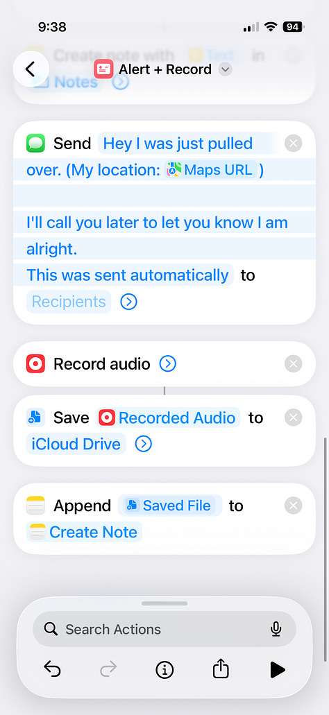 iPhone Shortcuts automation gallery showing each step of an emergency workflow: sending a text with location, enabling Emergency Only focus, starting audio recording, saving the file to iCloud Drive, and appending it to a note.
