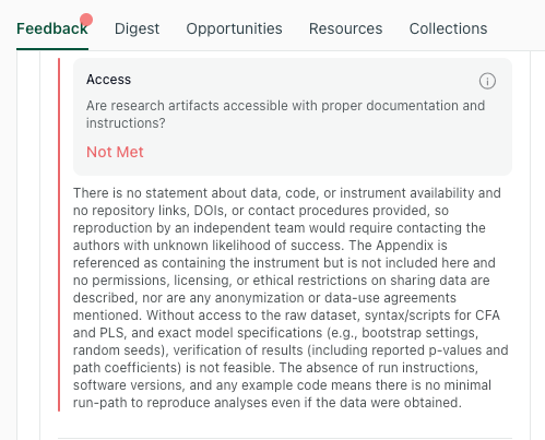 hesify Methods Feedback, Access Criteria Not Met thesify Methods feedback showing the Access criterion marked Not Met, noting missing data, code, instrument availability, repository links, and software version details.