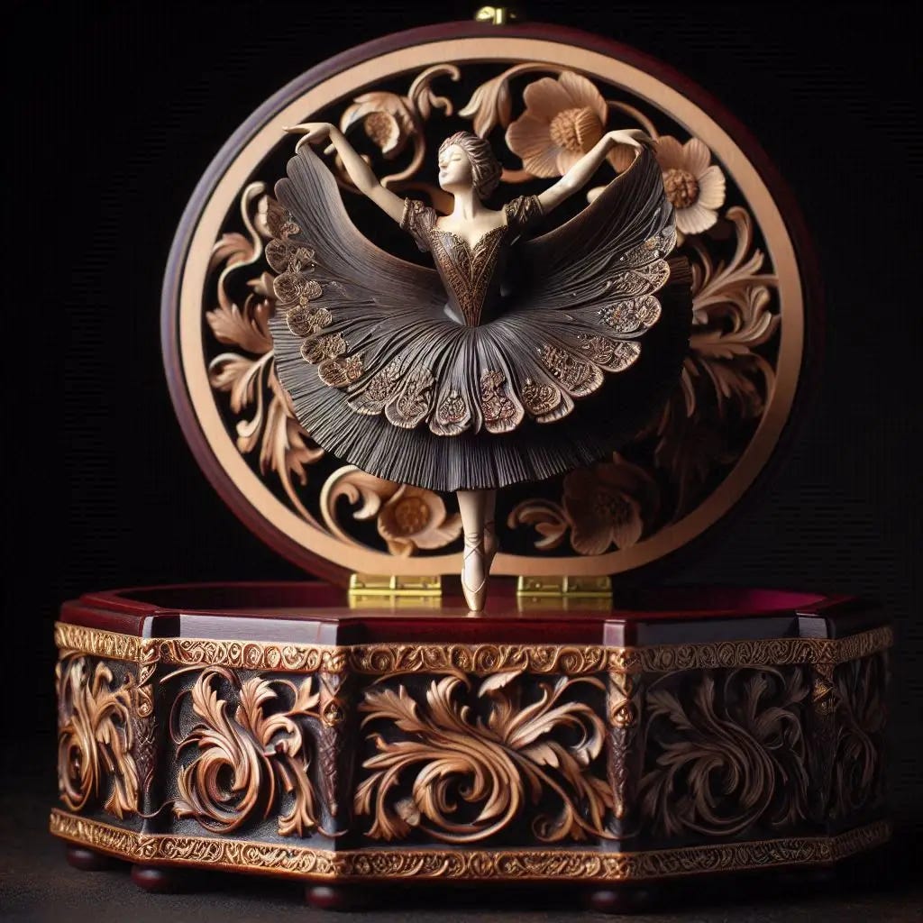 A ballerina dancebox with an older woman as the figure, darker tones
