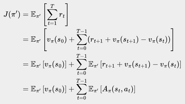 \bbox[#eeeeee, 8px]{
\begin{align*}
J(\pi^{\prime}) &= \mathbb{E}_{\pi^{\prime}} \left[ \sum_{t=1}^T r_t \right] \\
&= \mathbb{E}_{\pi^{\prime}} \left[ v_{\pi}(s_0) + \sum_{t=0}^{T-1} (r_{t+1} + v_{\pi}(s_{t+1}) - v_{\pi}(s_{t})) \right] \\
&= \mathbb{E}_{\pi^{\prime}} \left[ v_{\pi}(s_0) \right] + \sum_{t=0}^{T-1} \mathbb{E}_{\pi^{\prime}} \left[ r_{t+1} + v_{\pi}(s_{t+1}) - v_{\pi}(s_{t}) \right] \\
&= \mathbb{E}_{\pi^{\prime}} \left[ v_{\pi}(s_0) \right] + \sum_{t=0}^{T-1} \mathbb{E}_{\pi^{\prime}} \left[ A_{\pi}(s_{t}, a_{t}) \right]
\end{align*}
}