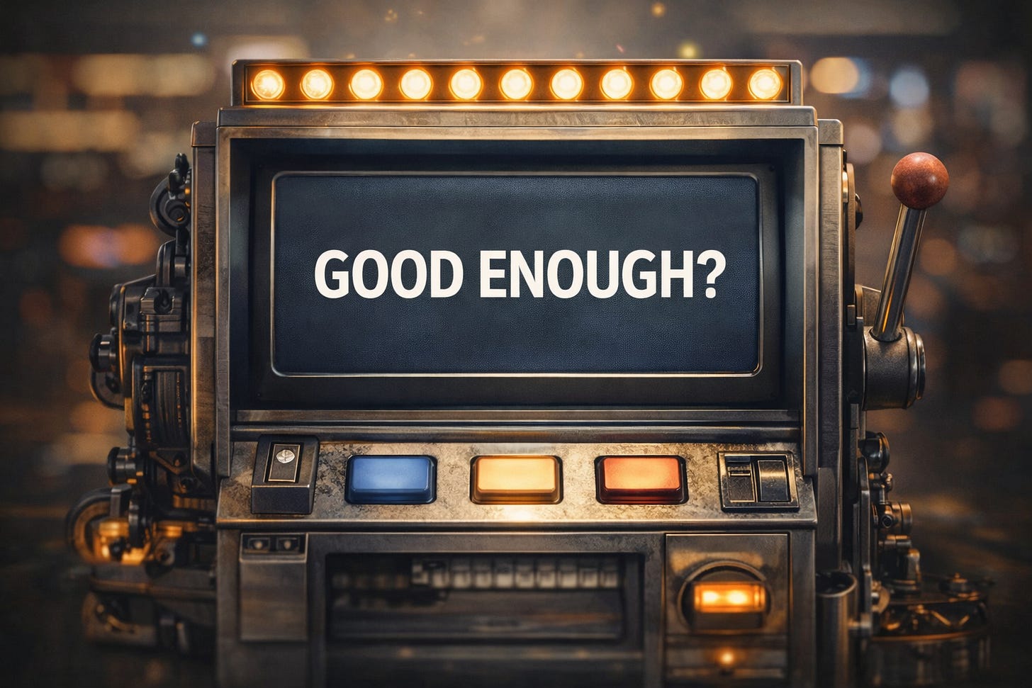 Slot machine displaying Good Enough, representing unpredictable AI output without defined standards